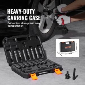 360 degree swivel impact socket set, 3/8" socket set 14pcs deep universal metric 10 19mm, 6 point cr mo alloy steel for auto repair, easy to read size markings, rugged construction, storage case