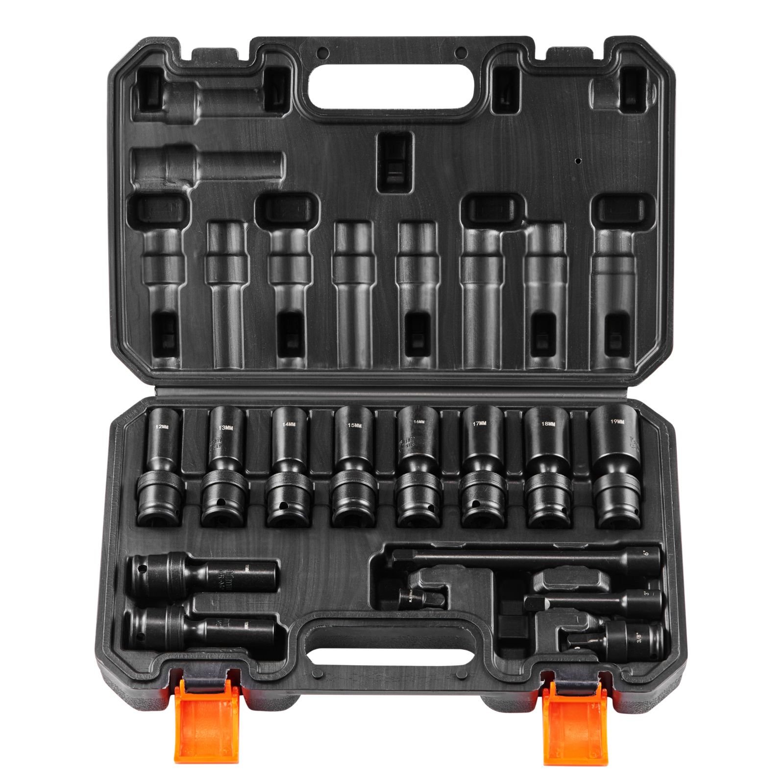 360 degree swivel impact socket set, 3/8" socket set 14pcs deep universal metric 10 19mm, 6 point cr mo alloy steel for auto repair, easy to read size markings, rugged construction, storage case