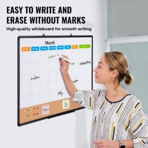 36"x 24" monthly calendar whiteboard & cork board combo with aluminum frame – 2 in 1 magnetic dry erase bulletin board for wall mount – ideal for school, home, office