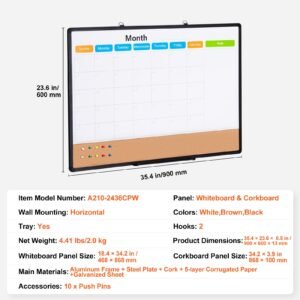 36"x 24" monthly calendar whiteboard & cork board combo with aluminum frame – 2 in 1 magnetic dry erase bulletin board for wall mount – ideal for school, home, office