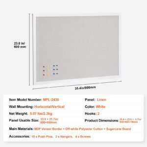 36"x24" white cork board with linen surface – stylish wall mounted bulletin board for home, school, office – elegant & functional noticeboard