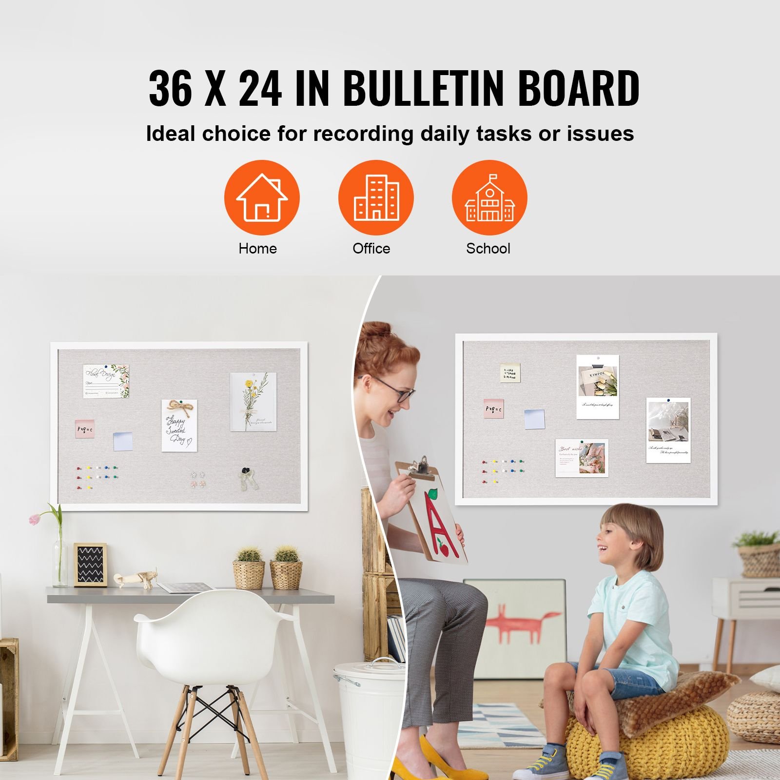36"x24" white cork board with linen surface – stylish wall mounted bulletin board for home, school, office – elegant & functional noticeboard
