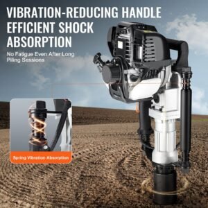 37.77cc gas powered t post driver, 4 stroke engine gasoline fence piling pounder, with 2 post driving head(55/70 mm) , 1000w portable piledriver for farm, ranch fencing, road improvements