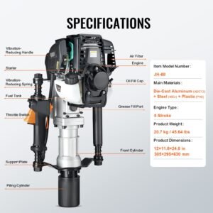 37.77cc gas powered t post driver, 4 stroke engine gasoline fence piling pounder, with 2 post driving head(55/70 mm) , 1000w portable piledriver for farm, ranch fencing, road improvements