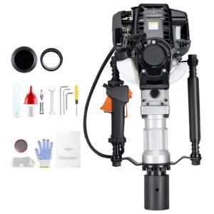 37.77cc gas powered t post driver, 4 stroke engine gasoline fence piling pounder, with 2 post driving head(55/70 mm) , 1000w portable piledriver for farm, ranch fencing, road improvements