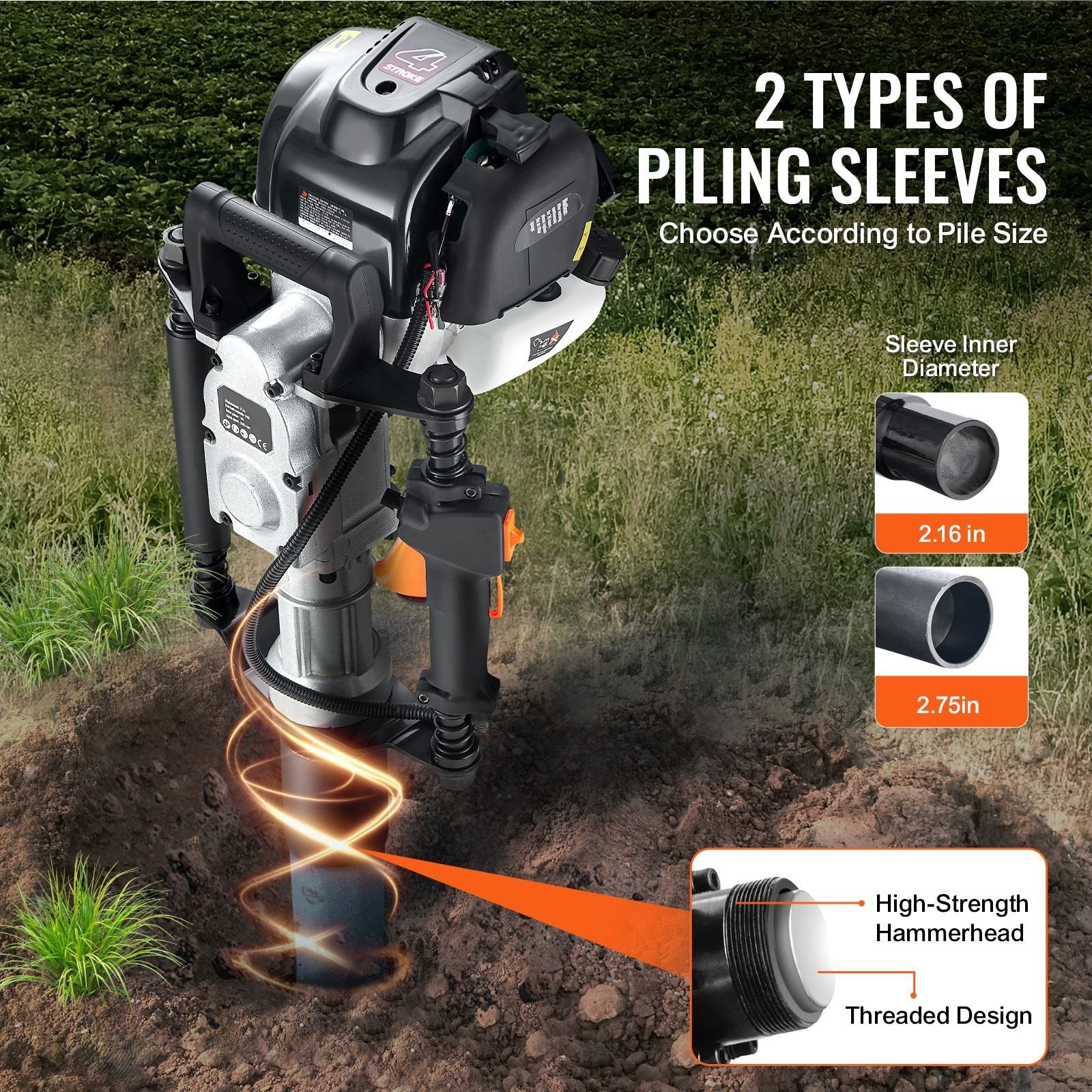 37.77cc gas powered t post driver, 4 stroke engine gasoline fence piling pounder, with 2 post driving head(55/70 mm) , 1000w portable piledriver for farm, ranch fencing, road improvements