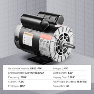 3.7hp air compressor motor, 3450rpm electric motor, 230v 17.2 amps, 5/8" keyed shaft 56 frame, 1.88" shaft length, single phase, ccw/cw rotation (factory setting is ccw)