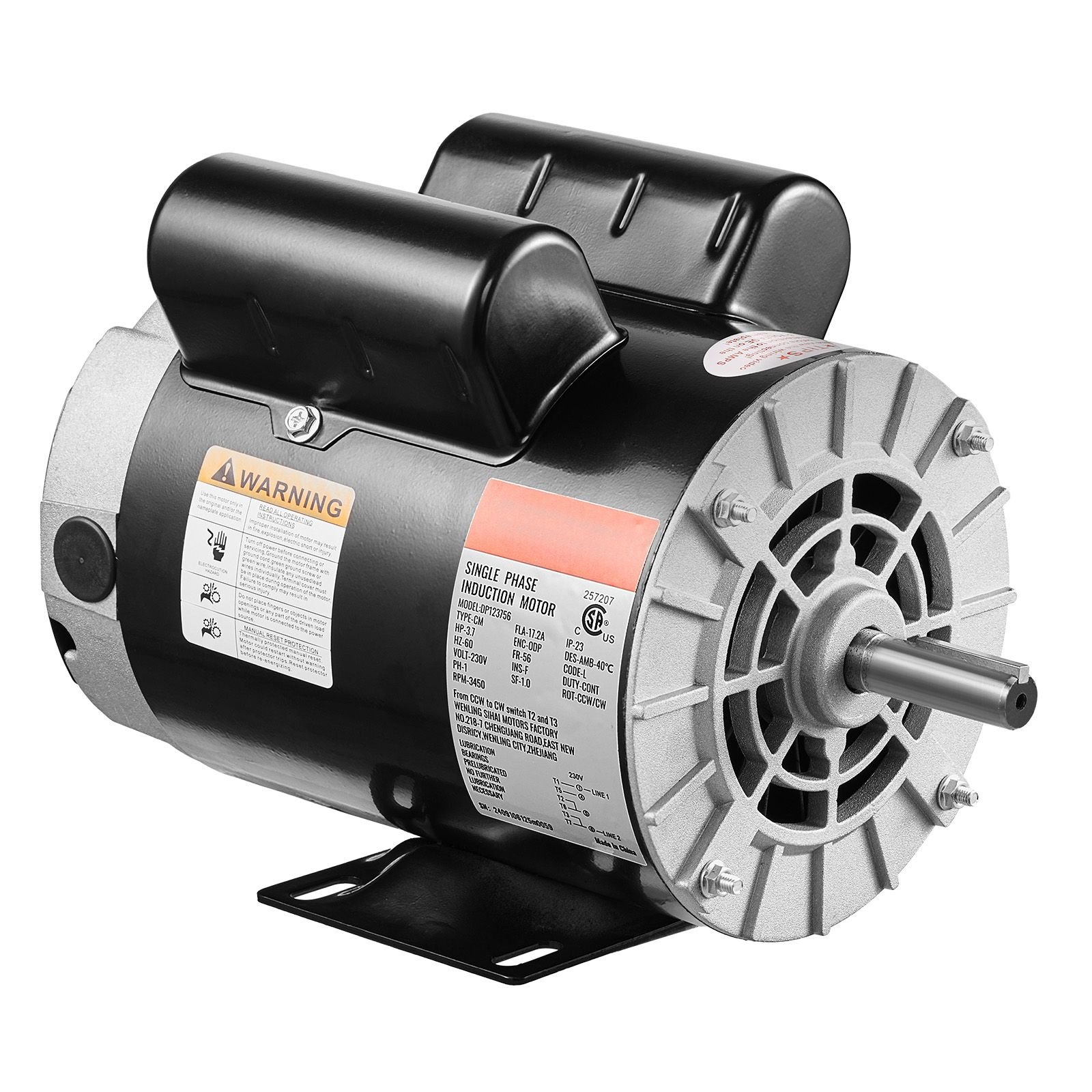 3.7hp air compressor motor, 3450rpm electric motor, 230v 17.2 amps, 5/8" keyed shaft 56 frame, 1.88" shaft length, single phase, ccw/cw rotation (factory setting is ccw)