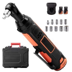 3/8" Cordless Electric Ratchet Wrench Set, 12V 33 Ft-lbs Power Ratchet Tool Kit, 45-Min Fast Charge, 2-Pack 2.0Ah Battery, Built-in LED Light, Variable Speed Trigger, 10 Sockets