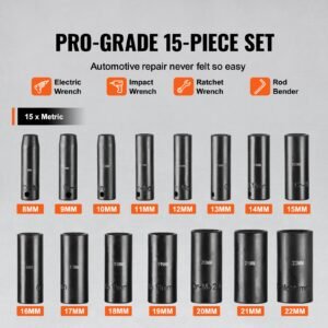 3/8" drive impact socket set, 15 piece deep socket set metric 8 22mm, 6 point cr mo alloy steel for auto repair, easy to read size markings, rugged construction, includes storage case
