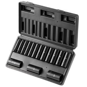 3/8" Drive Impact Socket Set, 15 Piece Deep Socket Set Metric 8-22mm, 6 Point Cr-Mo Alloy Steel for Auto Repair, Easy-to-Read Size Markings, Rugged Construction, Includes Storage Case
