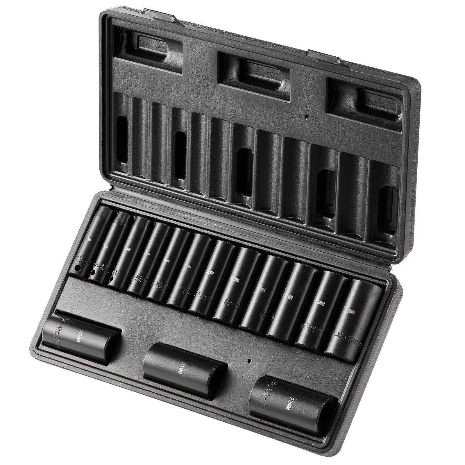 3/8" drive impact socket set, 15 piece deep socket set metric 8 22mm, 6 point cr mo alloy steel for auto repair, easy to read size markings, rugged construction, includes storage case