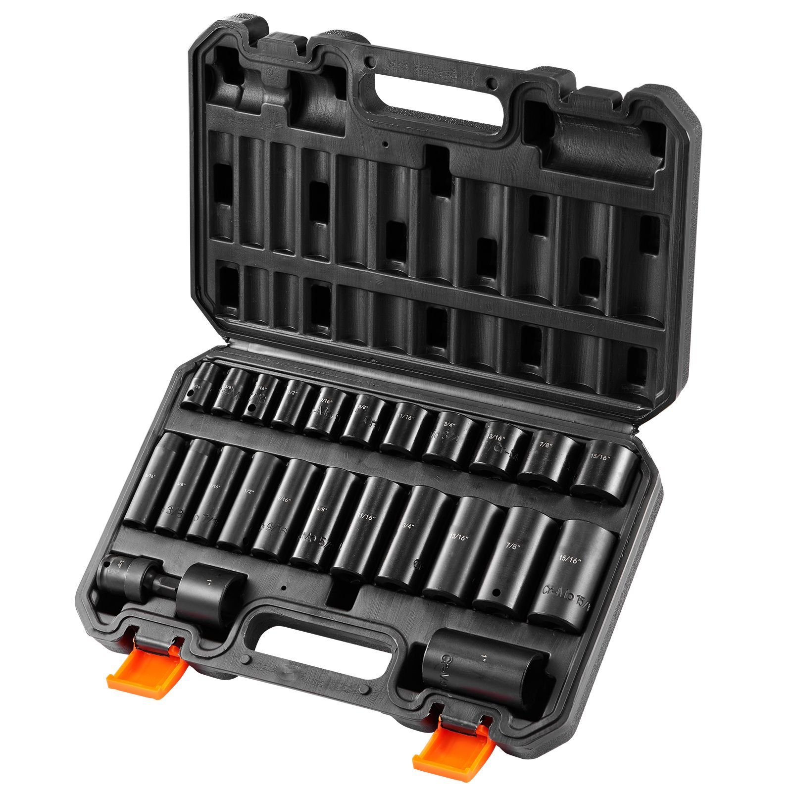 3/8" drive impact socket set, 25 piece deep & shallow socket set sae 5/16" 1", 6 point cr mo alloy steel for auto repair, easy to read size markings, rugged construction, includes storage case