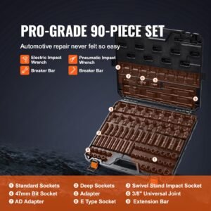 3/8" drive impact socket set, sae 1/4" 3/4" and metric 6 19mm 90 piece socket set, 6 point cr mo alloy steel for auto repair, includes extension bars universal joint adapter lock storage case