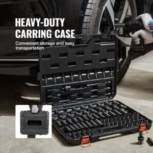 3/8" drive impact socket set, sae 1/4" 3/4" and metric 6 19mm 90 piece socket set, 6 point cr mo alloy steel for auto repair, includes extension bars universal joint adapter lock storage case