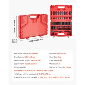 3/8 in drive impact socket set, 64 piece, 6 point deep & shallow impact sockets, sae (5/16 in to 1 in) and metric (6 to 24 mm) sizes with 3 in & 6 in extension bars, cr v steel, carrying case