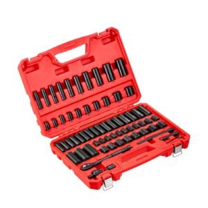 3/8 in drive impact socket set, 64 piece, 6 point deep & shallow impact sockets, sae (5/16 in to 1 in) and metric (6 to 24 mm) sizes with 3 in & 6 in extension bars, cr v steel, carrying case