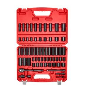 3/8 in drive impact socket set, 64 piece, 6 point deep & shallow impact sockets, sae (5/16 in to 1 in) and metric (6 to 24 mm) sizes with 3 in & 6 in extension bars, cr v steel, carrying case