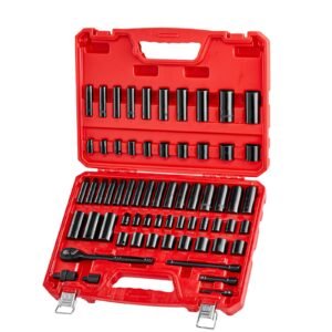 3/8 in drive impact socket set, 64 piece, 6 point deep & shallow impact sockets, sae (5/16 in to 1 in) and metric (6 to 24 mm) sizes with 3 in & 6 in extension bars, cr v steel, carrying case