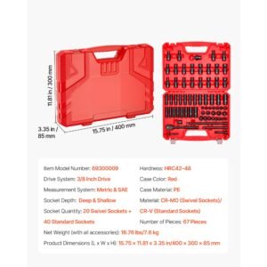 3/8 in drive impact socket set, 67 piece, 6 point shallow & deep impact sockets, sae (5/16 in to 3/4 in) and metric (8 mm to 19 mm), swivel sockets, adapters, cr v & cr mo steel, carrying case
