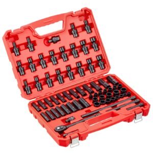 3/8 in drive impact socket set, 67 piece, 6 point shallow & deep impact sockets, sae (5/16 in to 3/4 in) and metric (8 mm to 19 mm), swivel sockets, adapters, cr v & cr mo steel, carrying case