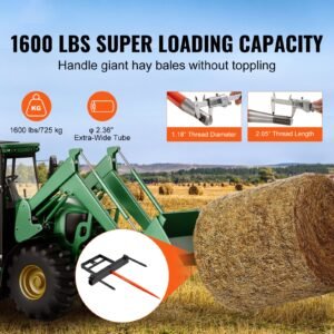 39" hay spear, bale spears 1600lbs loading capacity, skid steer loader tractor bucket attachment with 2pcs 17.5" stabilizer spears and 60" chain, quick attach spike forks