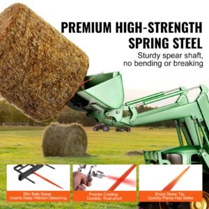 39" hay spear, bale spears 1600lbs loading capacity, skid steer loader tractor bucket attachment with 2pcs 17.5" stabilizer spears and 60" chain, quick attach spike forks