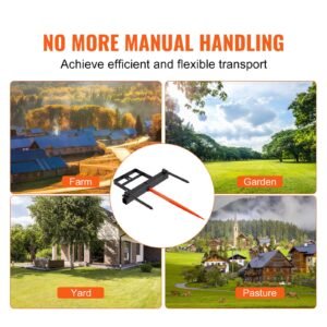 39" hay spear, bale spears 1600lbs loading capacity, skid steer loader tractor bucket attachment with 2pcs 17.5" stabilizer spears and 60" chain, quick attach spike forks