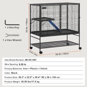 39" rolling metal ferret cage, large 2 tier cage, small animal cage with ramps & tray, easy to set up for pet rats, hamster, guinea pig, chinchilla, squirrel, hedgehogs, bunny