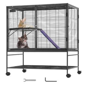 39" rolling metal ferret cage, large 2 tier cage, small animal cage with ramps & tray, easy to set up for pet rats, hamster, guinea pig, chinchilla, squirrel, hedgehogs, bunny