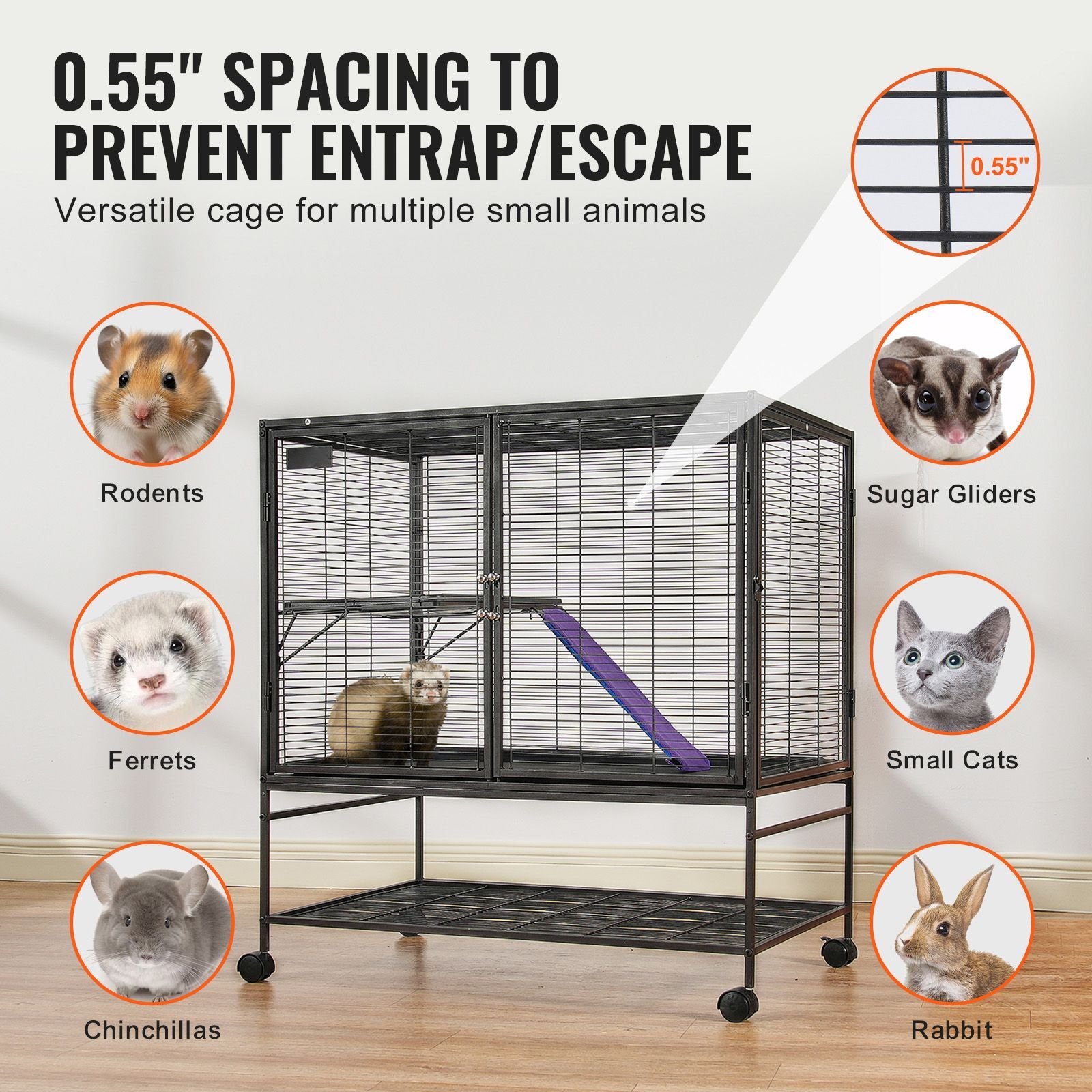 39" rolling metal ferret cage, large 2 tier cage, small animal cage with ramps & tray, easy to set up for pet rats, hamster, guinea pig, chinchilla, squirrel, hedgehogs, bunny
