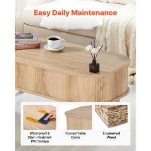 39.4 in lift top coffee table, fluted oval coffee table with 3 hidden compartment, mid century wooden oval center desk with storage, lift up tabletop for home & office, easy assembly, burlywood