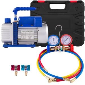 3CFM 1/4HP Single Stage Air Vacuum Pump HVAC R134a R12 R22 R410a A/C Refrigeration Kit AC Manifold Gauge R134 Can Tap Included Carrying Tote