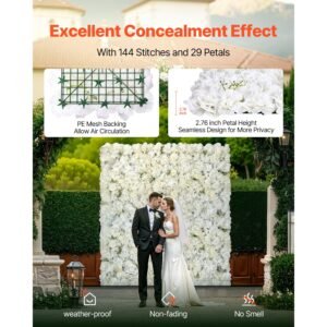 3d flower wall panel, 24 pcs 15 x 15 inch, artificial floral wall background mesh backing mat,seamless design&easy installation for wedding valentines day home baby party backdrop decor,white
