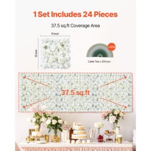 3d flower wall panel, 24 pcs 15 x 15 inch, artificial floral wall background mesh backing mat,seamless design&easy installation for wedding valentines day home baby party backdrop decor,white