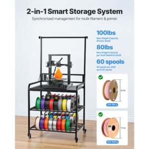 3d printer filament storage rack, 3 tier 3d printer stand with filament storage, spools holder racks cart with wheels, filaments organzied for 3d printing station, office, workshop (shelf only)