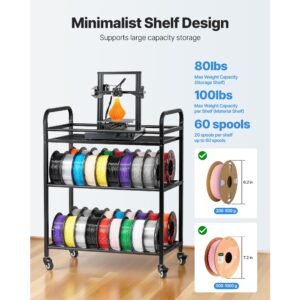 3d printer filament storage rack, 3 tier heavy duty storage shelf, rolling filament spool holders racks with wheels, filaments organzied for 3d printing station, office, workshop (shelf only)