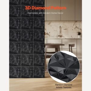 3d wall panels, 33 pack 11.81 x 11.81 in pvc modern art minimalist diamond tiles, 32 sq.ft coverage accent wall panel, interior home decor for ceiling, bedroom, living & gaming room, matte black