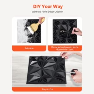 3d wall panels, 33 pack 11.81 x 11.81 in pvc modern art minimalist diamond tiles, 32 sq.ft coverage accent wall panel, interior home decor for ceiling, bedroom, living & gaming room, matte black