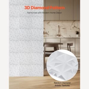 3d wall panels, 33 pack 11.81 x 11.81 in pvc modern art minimalist diamond tiles, 32 sq.ft coverage accent wall panel, interior home decor for ceiling, bedroom, living & gaming room, matte white