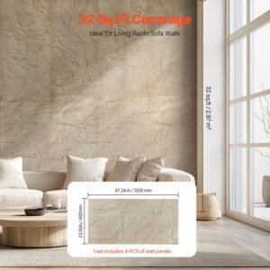 3d wall panels, 4 pack 48 x 24 in pu natural stone imitation wall art tiles, 32 sq.ft coverage accent wall panel, interior home decor for ceiling, bedroom, living & gaming room, stone yellow