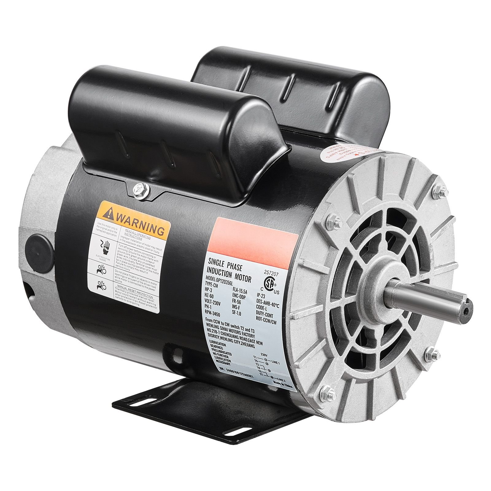 3hp air compressor electric motor, 230v 15.5 amps, 56 frame 3450rpm, 5/8" keyed shaft, 1.88" shaft length, single phase, cw/ccw rotation (factory setting is ccw)