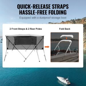 4 bow bimini top boat cover, detachable mesh sidewalls, 600d polyester canopy with 1" aluminum alloy frame, includes storage boot, 2 straps, 2 support poles, 8'l x 54"h x 79" 84"w, light grey