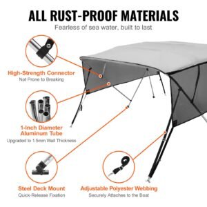 4 bow bimini top boat cover, detachable mesh sidewalls, 600d polyester canopy with 1" aluminum alloy frame, includes storage boot, 2 straps, 2 support poles, 8'l x 54"h x 79" 84"w, light grey