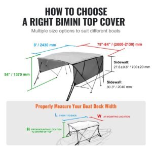 4 bow bimini top boat cover, detachable mesh sidewalls, 600d polyester canopy with 1" aluminum alloy frame, includes storage boot, 2 straps, 2 support poles, 8'l x 54"h x 79" 84"w, light grey