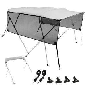 4 Bow Bimini Top Boat Cover, Detachable Mesh Sidewalls, 600D Polyester Canopy with 1" Aluminum Alloy Frame, Includes Storage Boot, 2 Straps, 2 Support Poles, 8'L x 54"H x 85"-90"W, Light Grey