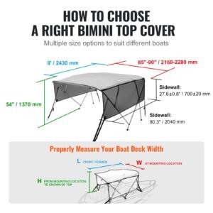 4 bow bimini top boat cover, detachable mesh sidewalls, 600d polyester canopy with 1" aluminum alloy frame, includes storage boot, 2 straps, 2 support poles, 8'l x 54"h x 85" 90"w, light grey
