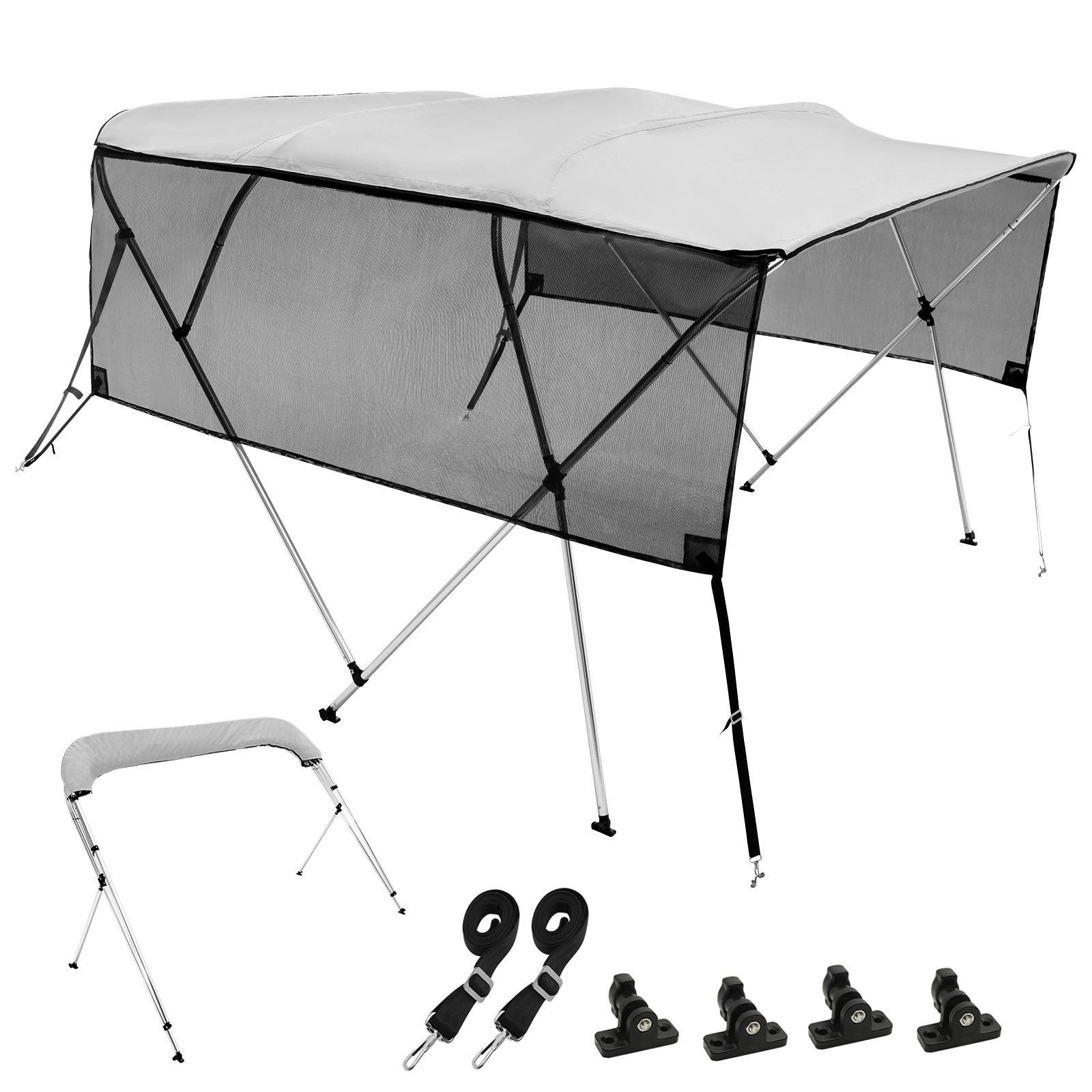 4 bow bimini top boat cover, detachable mesh sidewalls, 600d polyester canopy with 1" aluminum alloy frame, includes storage boot, 2 straps, 2 support poles, 8'l x 54"h x 85" 90"w, light grey