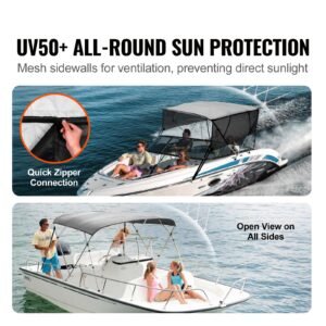 4 bow bimini top boat cover, detachable mesh sidewalls, 600d polyester canopy with 1" aluminum alloy frame, includes storage boot, 2 straps, 2 support poles, 8'l x 54"h x 91" 96"w, light grey