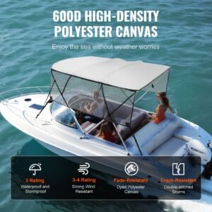 4 bow bimini top boat cover, detachable mesh sidewalls, 600d polyester canopy with 1" aluminum alloy frame, includes storage boot, 2 straps, 2 support poles, 8'l x 54"h x 91" 96"w, light grey